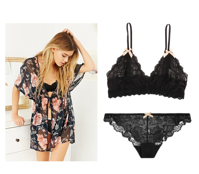 Cute Black Lace With Robe Lingerie